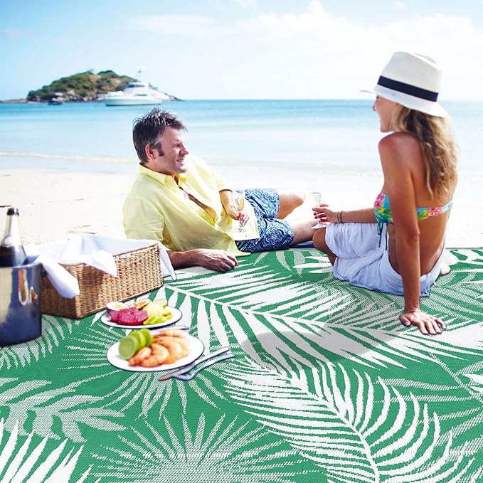 Outdoor Rug 8'x10' Waterproof for Patios Clearance, Reversible Outdoor Plastic Straw Rug Camping Carpet, Outside Floor Mats Large Area Rugs for RV,Patio,Deck,Porch, Beach,Balcony,Green&White