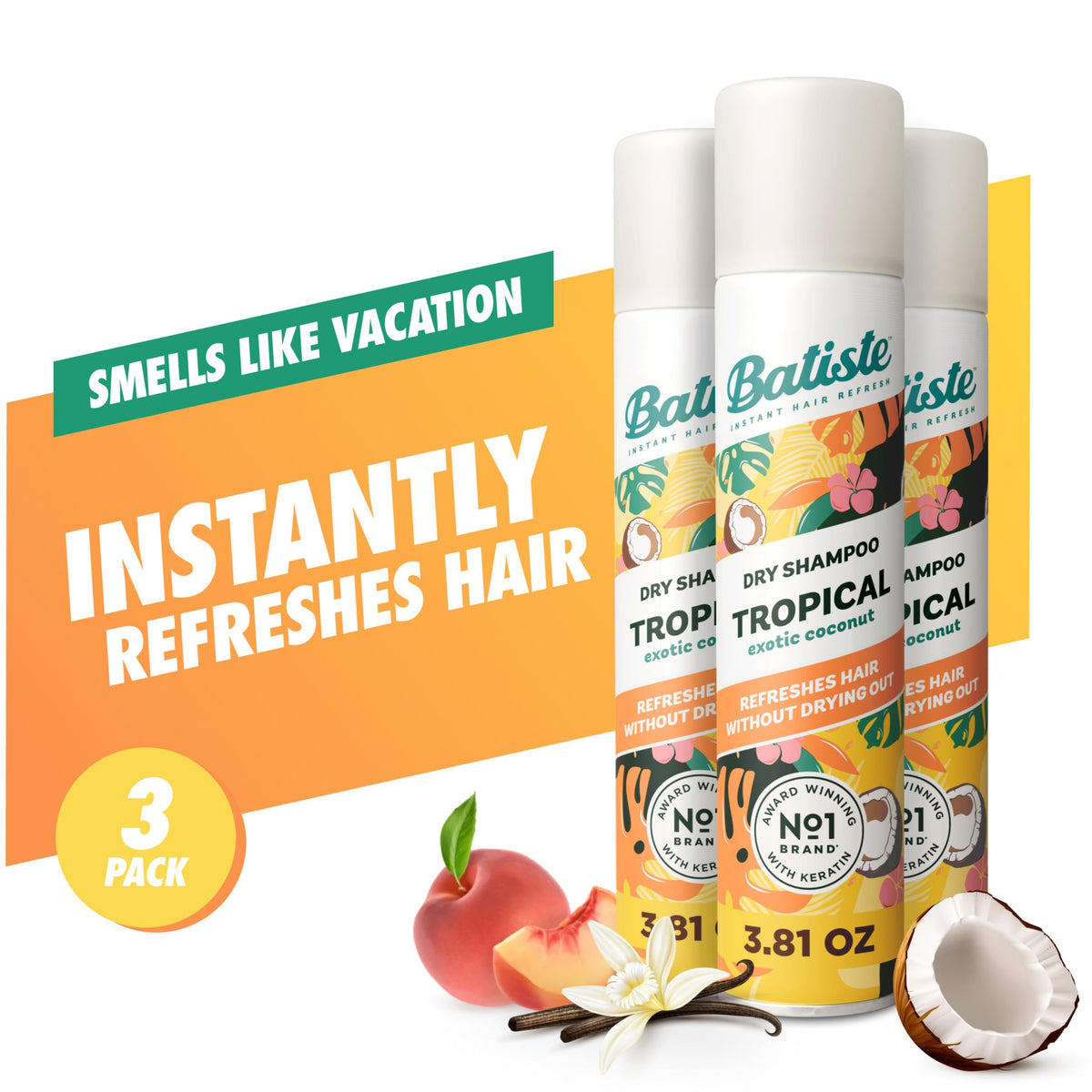Batiste Dry Shampoo, Tropical Fragrance, 3.81 Oz, 3-Pack
