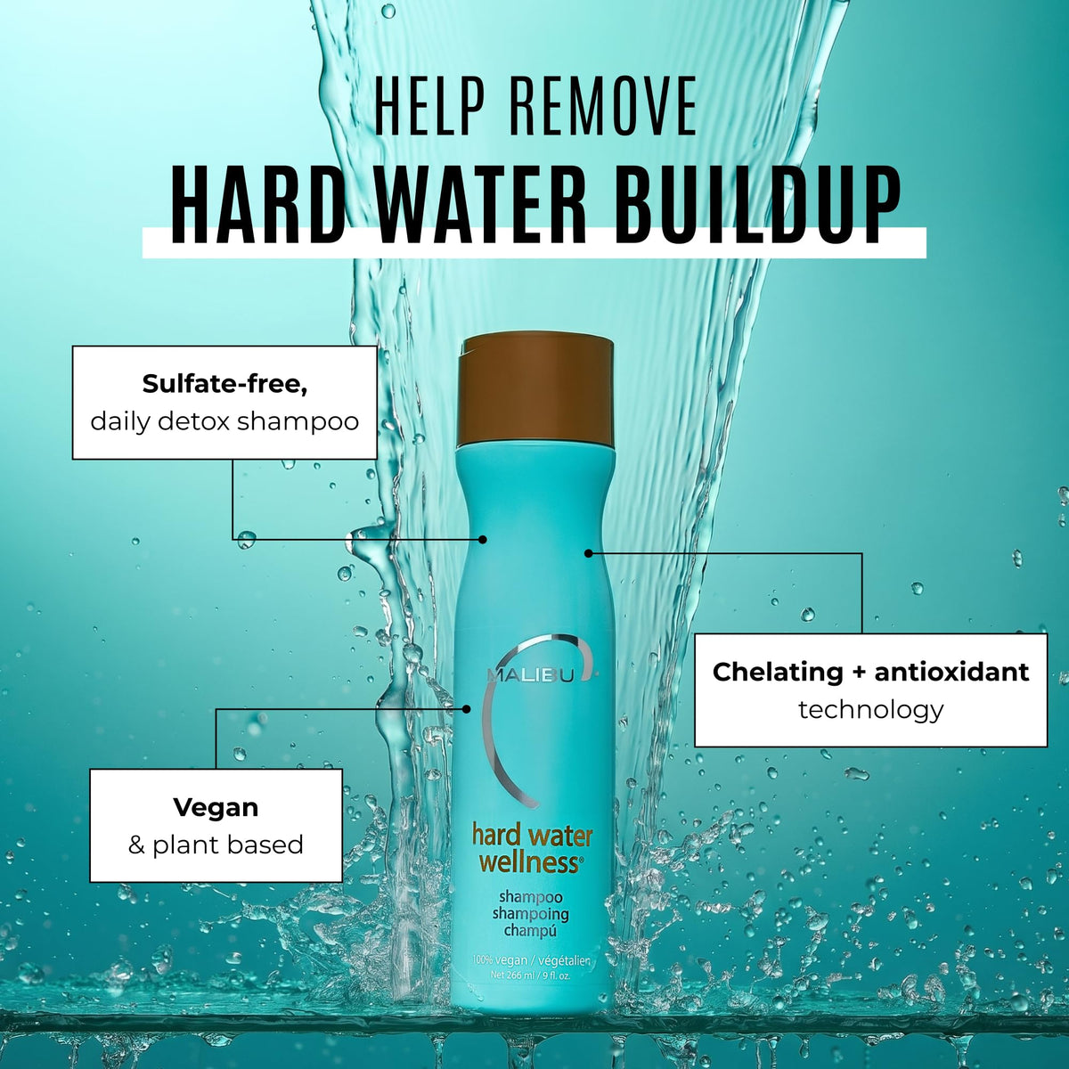 Malibu C Hard Water Wellness Shampoo - Hydrating, Sulfate-Free Hair Care for Hard Water - Removes Minerals and Buildup (9 oz)