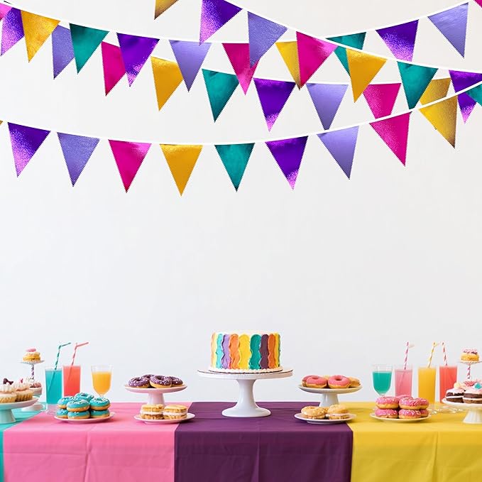 Colorful Party Decorations Hot Pink Teal Purple Metallic Fabric Triangle Pennant Banner Flag Bunting for Fiesta Carnival Rainbow Multi-color Birthday Wedding Baby Shower Holiday Outdoor Party Supplies