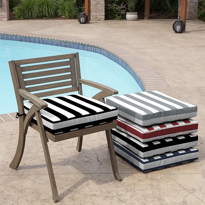 Arden Selections Outdoor Wicker Chair Cushion, 20 x 18, Rain-Proof, Fade Resistant 21 x 21, Black Cabana Stripe (Pack of 4)