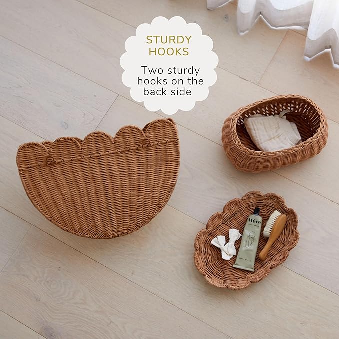 BEBE BASK Scalloped Wicker Hanging Basket - The Original Wicker Wall Decor - Hand Woven Wall Basket - Home Décor Wall Hanging Basket - Wall Storage Basket for Nursery, Living Room and Bathroom (Mocca)