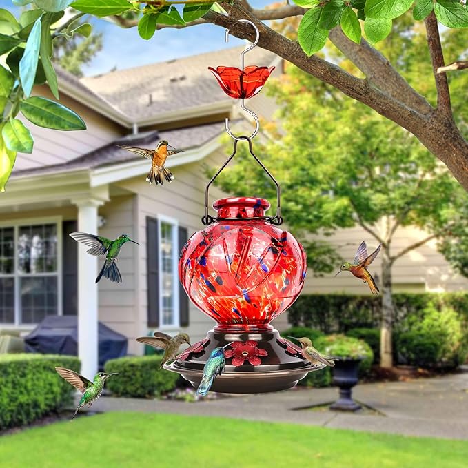 BOLITE Hummingbird Feeder, Hand Blown Glass Hummingbird Feeders for Outdoors Hanging, with Ant Moat and 5 Feeding Ports, 22 Ounces, Peony Flower Shape, Red, Gifts for Women Men, Gifts for Mom Dad