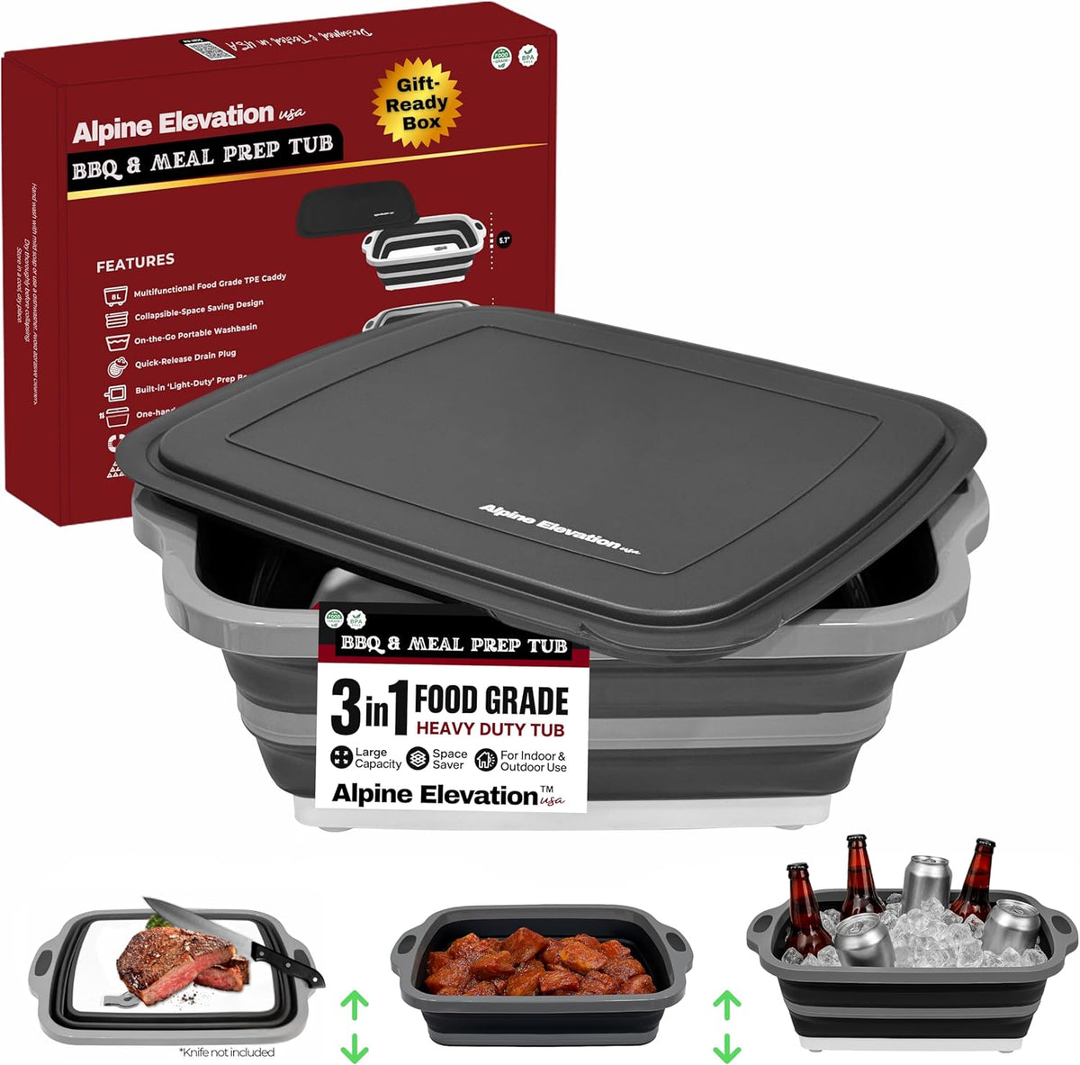 Collapsible Large (8L) BBQ Marinating Tub w/Cutting Board | Multipurpose Food-Grade TPE Prep Tub w/Lid | Built-in Colander & Drain Plug - for Camping | Tailgate | Picnic - Slate Black