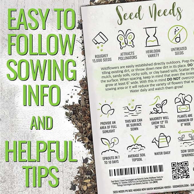 Seed Needs Wildflower Seeds Hummingbird and Butterfly Seed Mix | 5 Packs (1 Ounce Each) No Filler 23 Varieties Garden Seeds Annual & Perennial Species | Pollinator Attracting Flower Seed | Bulk