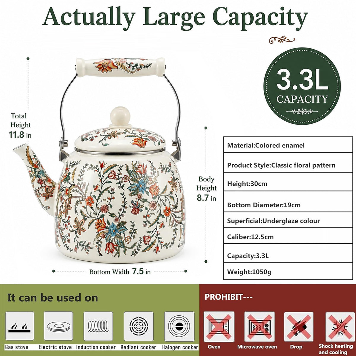 OLYTARU 112 oz Floral Tea Kettle Pot for Stove Top, 3.5 QT Enamel Teapot