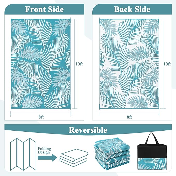 Pauwer Waterproof Outdoor Rug 8x10, Reversible Plastic Straw Patio Camping Rug, Indoor Outdoor RV Mat Carpet for Deck, Camper, Porch, Balcony, Backyard, Picnic, Leaf Teal