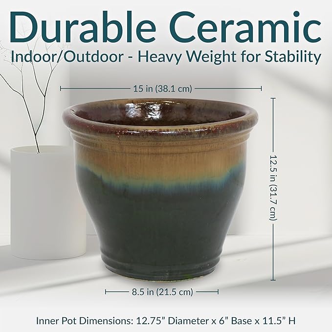 Sunnydaze Studio Large Ceramic Plant Pot - Round Outdoor Glazed Ceramic Planter Pot with Drainage - Forest Lake Green - 14.5"