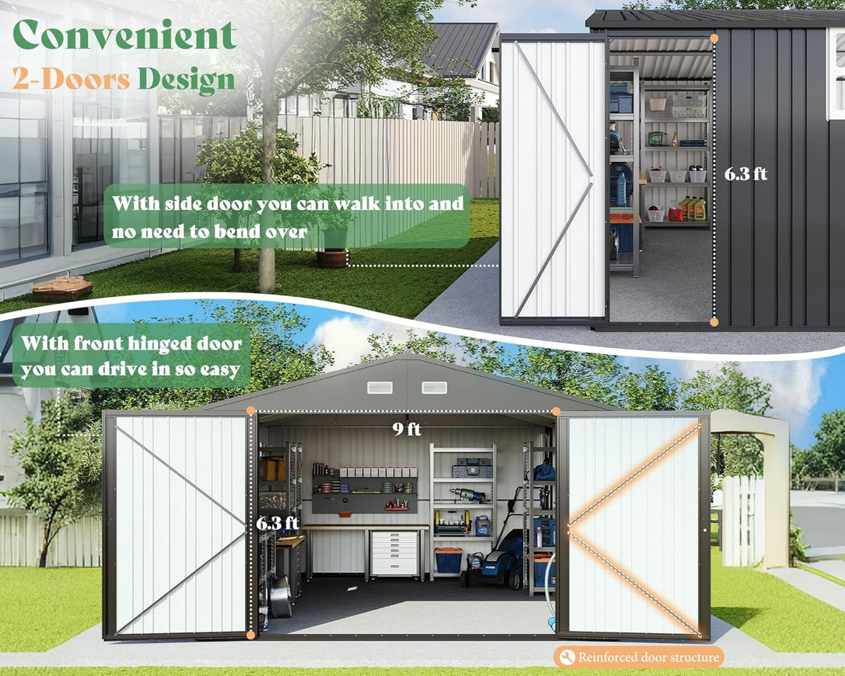 AMERLIFE 13.2x21x8 FT Outdoor Metal Garage Shed, Extra Large Storage Shed with Double Hinged Doors, 4 Windows, Carport for Car, Truck, Bike and Lawn Equipment, Dark Grey