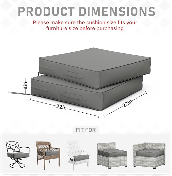 Patio Chair Cushions 22 X 22 X 4 Inch Waterproof Outdoor Seat Cushions for Patio Furniture, Outdoor Sofa Couch Pads with Ties & Handle, Set of 2, Light Grey