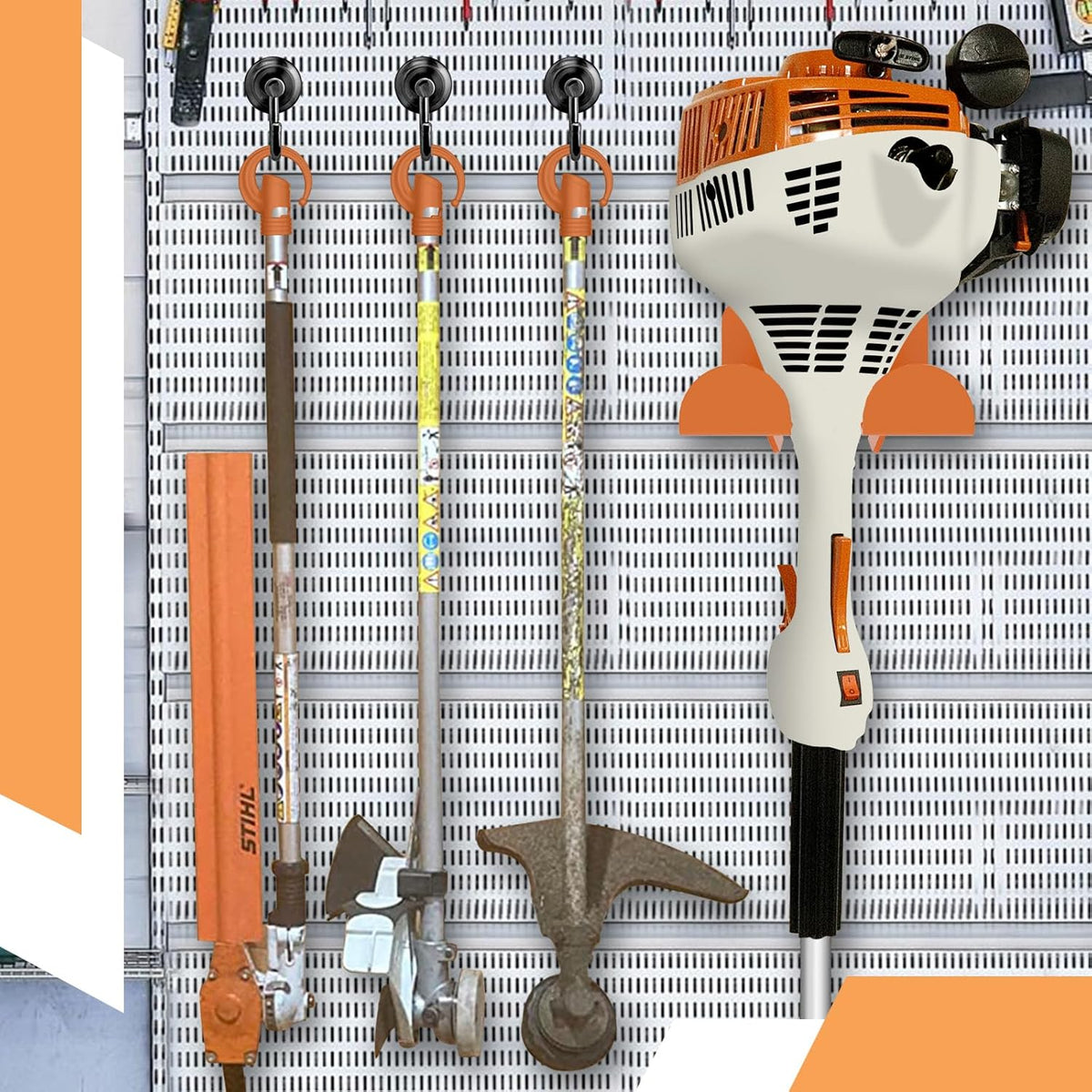6 Pack Garage Storage Hooks + 1 Pack Trimmer Rack Compatible with Stihl Kombi Attachments, Garden Power Tool Holder Organizer Hangers for Grass Trimmer, Hedge Trimmer, Garage Wall