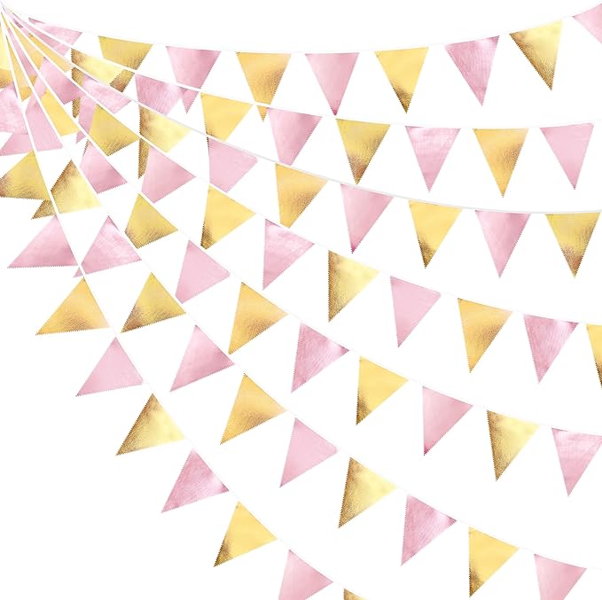 Pink Gold Party Decoration Metallic Fabric Light Pink Gold Triangle Pennant Banner Flag Bunting Garland for Women Girl Birthday Retirement Graduations Bridal Shower Wedding Baby Shower Party Supplies