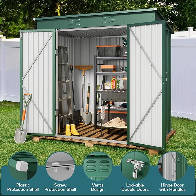 Gizoon 6' x 4' Outdoor Storage Shed with Double Lockable Doors, Anti-Corrosion Metal Garden Shed, Waterproof Shed Outdoor Storage Clearance for Backyard Patio Lawn-Green