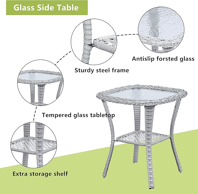 Patio Tables Wicker Side Table - Rattan Coffee Table with Glass Top End Tables for Outdoor Outside Patio Porch Square Light Grey