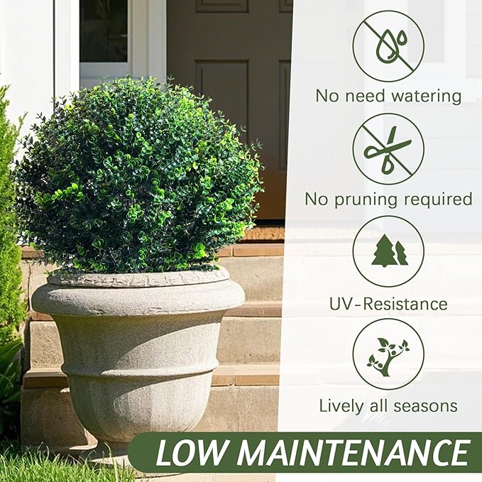 Yunlly 2 Pcs 18 Inch Artificial Boxwood Ball Topiary Tree Fake Outdoor Plants Bush, UV Resistance Faux Shrubs with Spike Realistic Greenery Potted for Indoor Garden Yard Porch Patio Decor (Dark Green)
