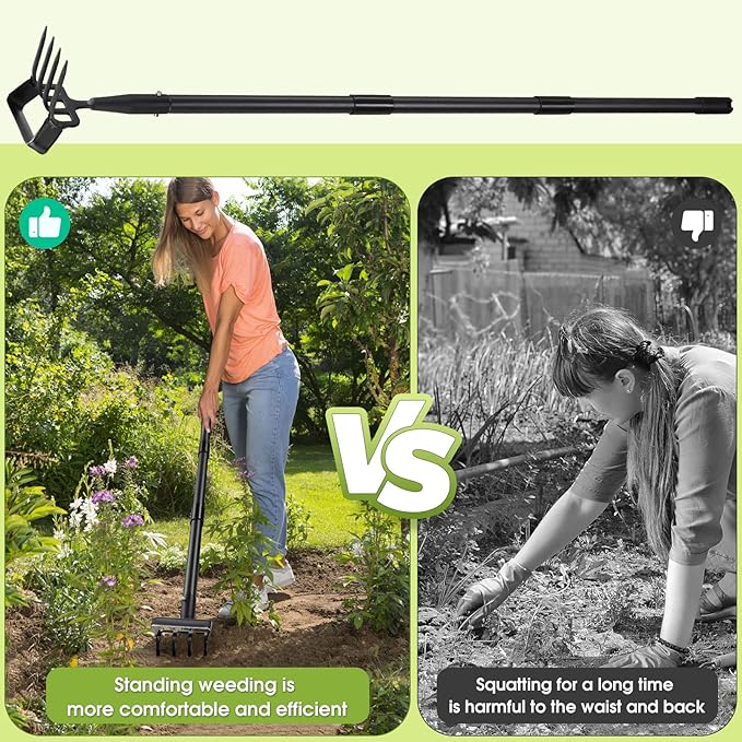 INFLATION Stirrup Hand Hula Hoe Heavy Duty Metal Gardening Weed Puller Tool 4 Tines Prong 2-in-1 Herb Stripper Yard Rake for Women Kids Men Garden Grandpas Weeder 32-62 inch Long Adjustable Handle