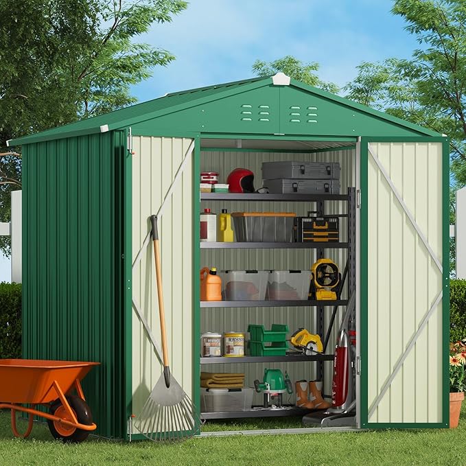 Gizoon Outdoor Storage Shed 8 x 6 FT, Galvanized Metal Garden Shed with Double Lockable Doors, Outdoor Storage Clearance for Backyard Patio Lawn-Green