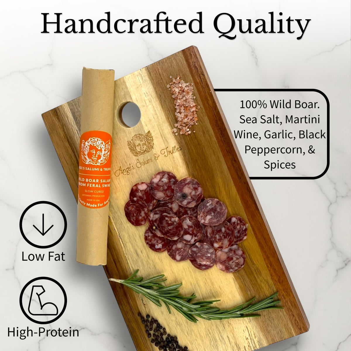 Angel's Salumi and Truffles Wild Boar Salami - 5.5oz Gourmet Artisanal Charcuterie - Texas Wild Boar, No Antibiotics, Hormones, MSG, Phosphates, or