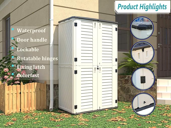 HOMSPARK Storage Shed Weather Resistance, Multi-Purpose Outdoor Storage Cabinet for Backyards and Patios, Horizontal Storage Shed for Lawnmower, Patio Accessories (White, Tall - 53 cu.ft)