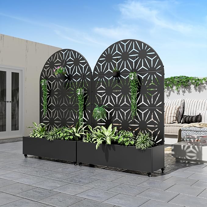 Casaphoria Metal Raised Garden Bed with Trellis and Wheels, 72"x47"x16" Arched Planter Box for Climbing Plants, Vegetables & Vines, Features Drainage Holes and Privacy Screen (Black-Star)