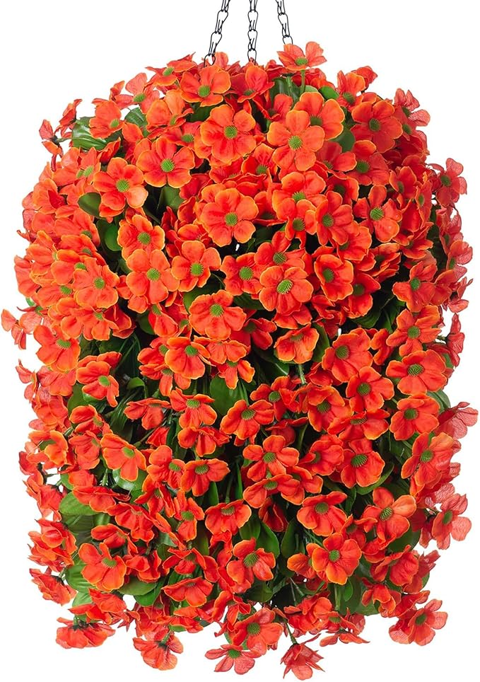 Artificial Hanging Flowers in 12 inch Basket, Fake Fall Plant Silk Orchid Flower Arrangement with Coconut Lining Pot Planter for Patio Garden Porch Deck Summer Autumn Decorationr(Orange)