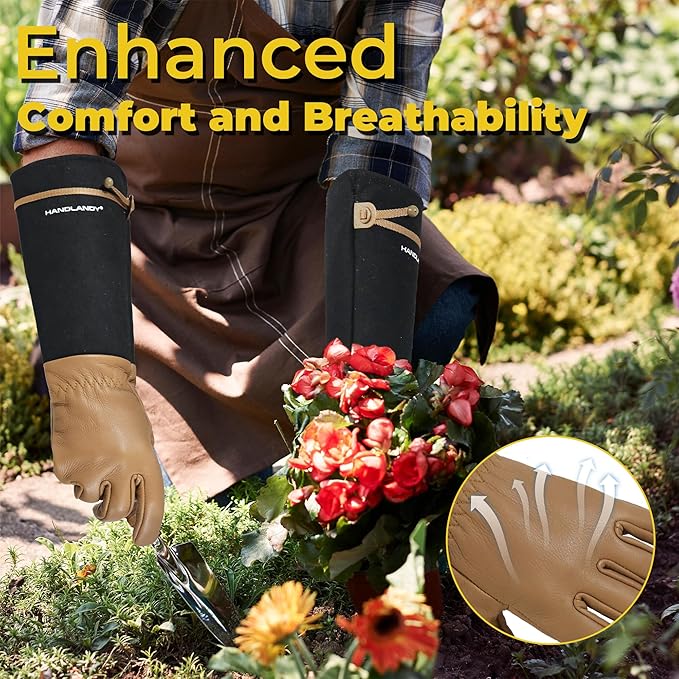 HANDLANDY Long Gardening Gloves for Men & Women, Cowhide Leather Rose Pruning Gloves, Breathable Thorn Proof Gauntlet Glove (Brown-Cowhide, S)