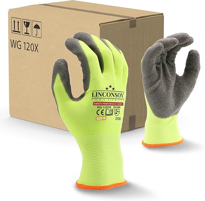 linconson 12 Pack Safety Performance Series Construction Mechanics Wrinkle Latex Work Gloves