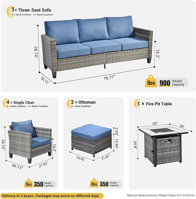 ovios 8 Pieces Patio Furniture Set with 30" Fire Pit Table, Outdoor Wicker Sofa with Comfy Cushions, All Weather High Back Rattan Couch Conversation Set, Denim Blue
