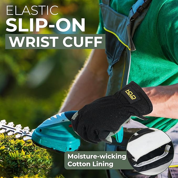 HANDLANDY Leather Work Gloves for Men & Women, Reinforced Durable Garden Gloves, Cowhide Working Glove for Gardening