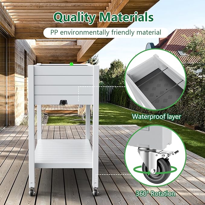 Elevated Horticulture Raised Garden Bed with Legs, Divisible Raised Resin Planter Box for Backyard, Patio, Balcony, with 4 Legs, 4 Swivel Lockable Wheels, and Storage Shelf,Ashen