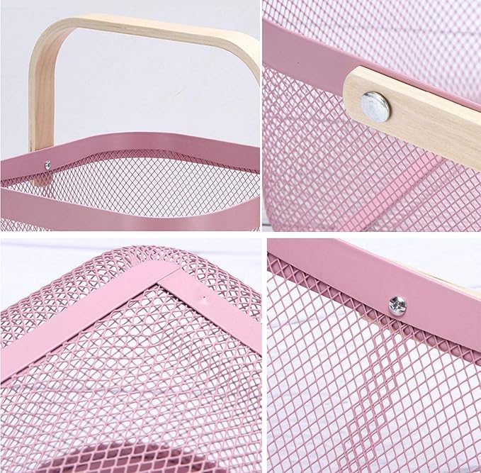 Metal Mesh Steel Basket, Storage Organizer Basket Multi-functional Hanging Kitchen Baskets Fruit Basket Bin with Bamboo Handle for Kitchen Bathroom Picnic Shopping Decor Cabinet Home, Pink