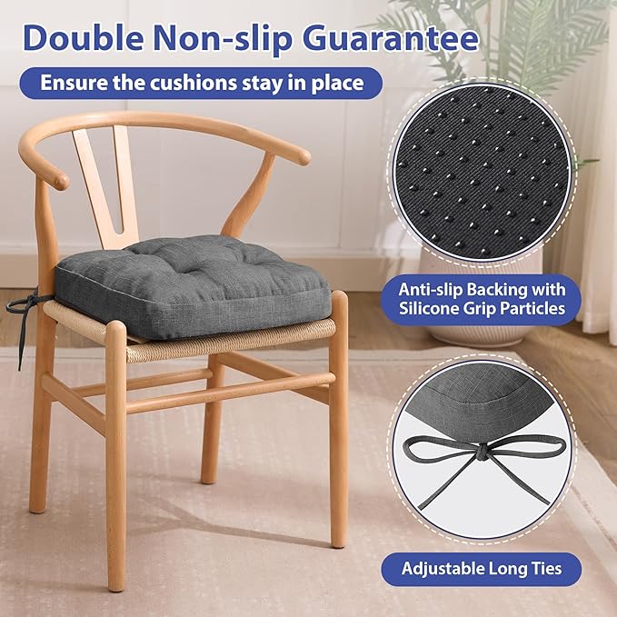 Chair Cushions for Dining Chairs, Dining Chair Cushions, Tufted Indoor Chair Pads with Ties & Non Slip Backing, Seat Cushions for Kitchen Chairs 16.5” x 16.5” x 3.5”, Set of 6, Grey