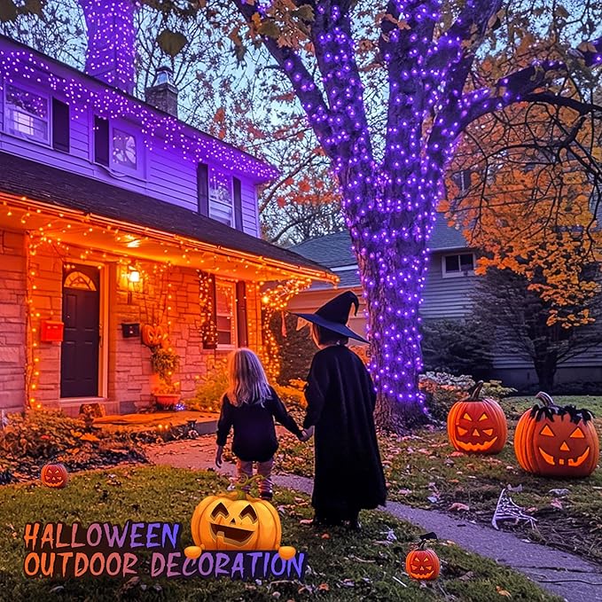 JMEXSUSS Halloween Decoration Lights, 200 LED Orange Purple Halloween Lights Clear Wire, 11 Modes Connectable Halloween String Lights Indoor Outdoor Plug in for Halloween Tree Decorations