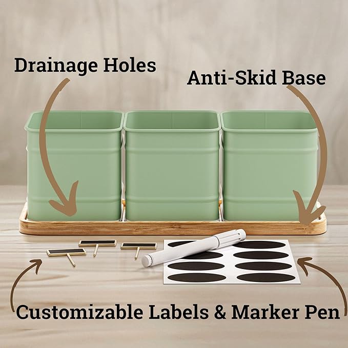 Herb Planter Indoor - 3 Iron Herb Pots with Drainage Holes, Varnished Bamboo Tray, Customizable Labels & Marker Pen - Indoor Herb Garden Planter - 3 Pots for Herbs - Inside Spice Garden - Basil Pot