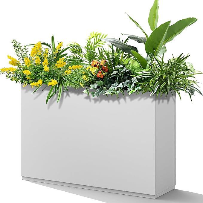 FENCY Metal Rectangular Planter Box Large Planters for Outdoor Plants, Tall Planters for Outdoor Plants with Drainage Holes, Rectangular Planters for Outdoor Plants (35.4" L x 9" W x 25.6" H,White)