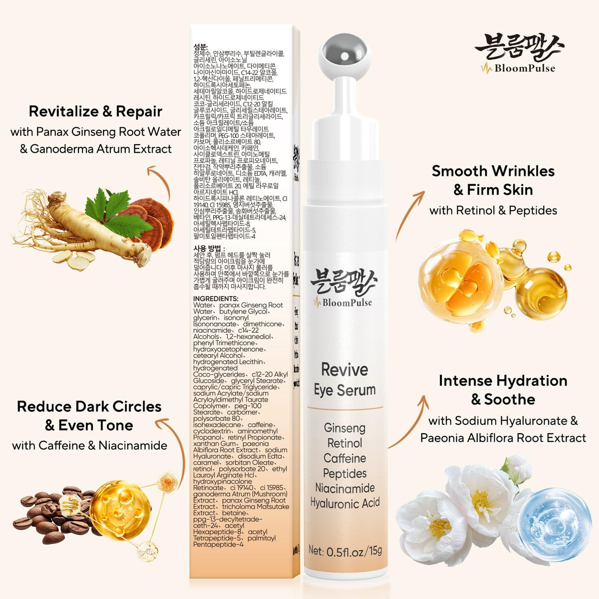Under Eye Cream with Retinol Caffeine Ginseng Revive Eye Serum 0.5 Fl Oz