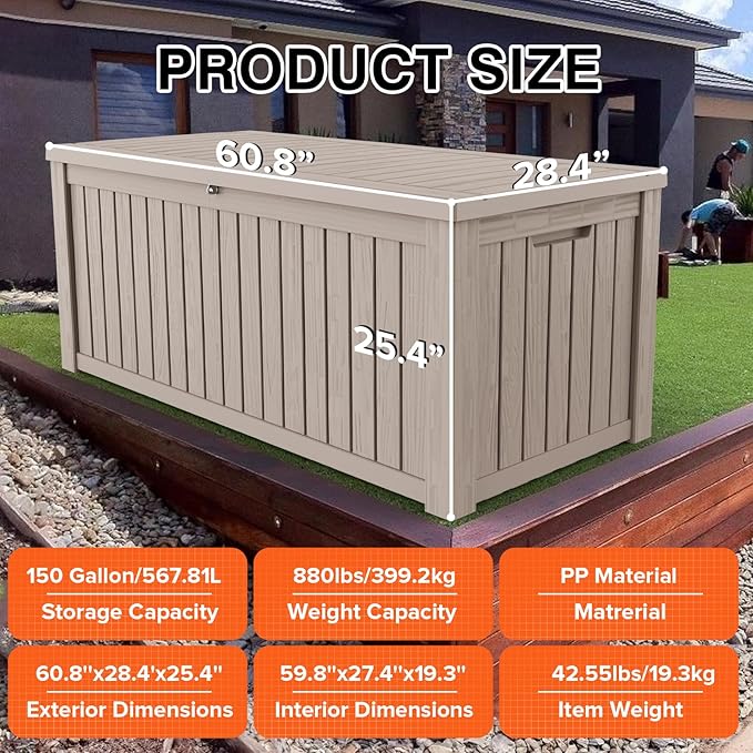 152 Gallon Deck Box Waterproof, UV Resistant Resin Outdoor Storage Box with Hydraulic Rod, Lockable Design and Enhanced Durability for Patio, Garden, and Poolside Use