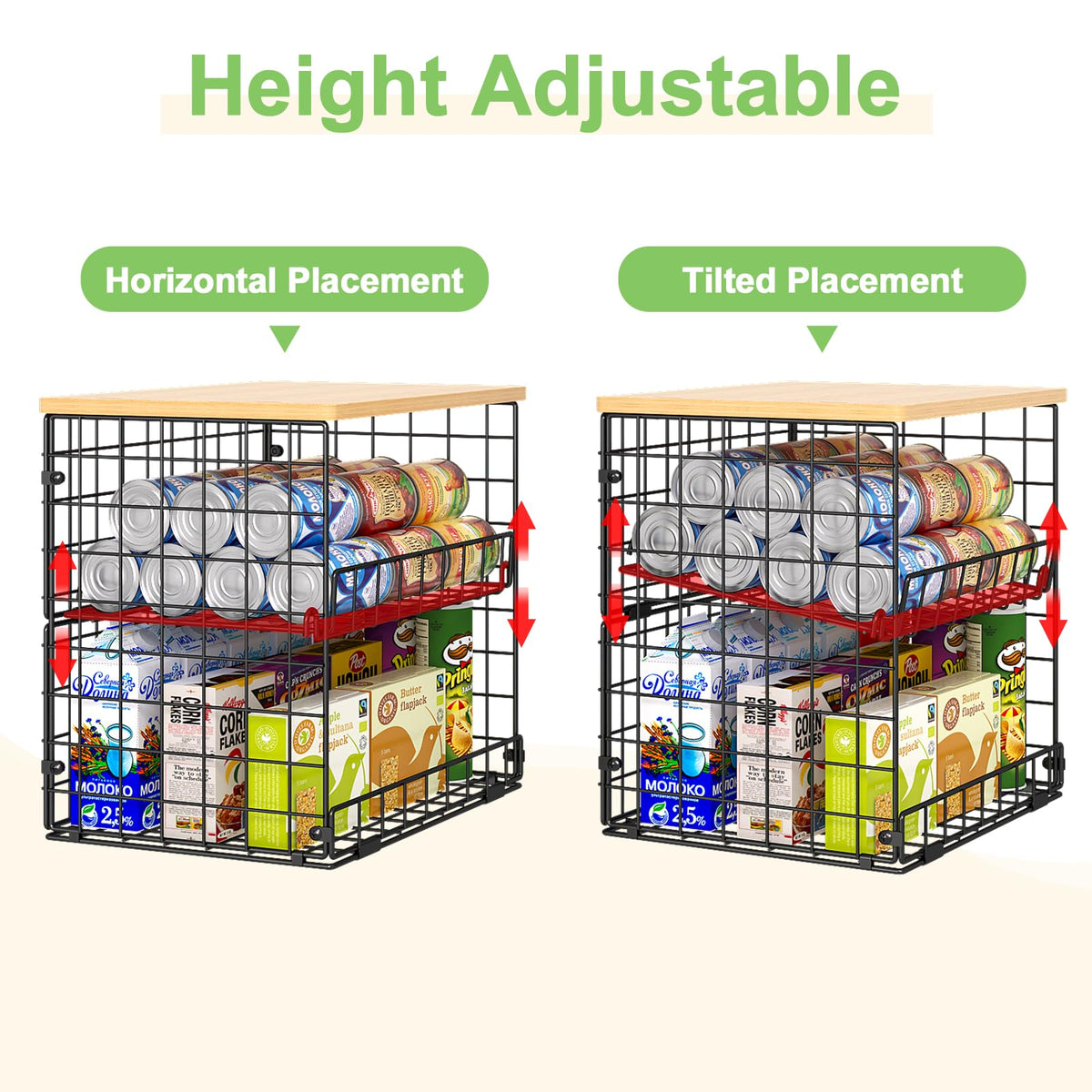 4 Pack Stackable Wire Baskets for Pantry Organizers and Storage, Pantry Baskets with Fixed Wooden Top, Fruit and Vegetable Storage Bins for Organizing Onion Potato Snack for Kitchen Cabinet/Countertop