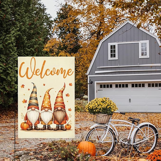 Welcome Fall Garden Flag Autumn Gnomes Garden Flag 12x18 inch Double Sided Fall Thankful Maple Leaves Flags Holiday Decorations for Yard Lawn Patio (Flay 1809)
