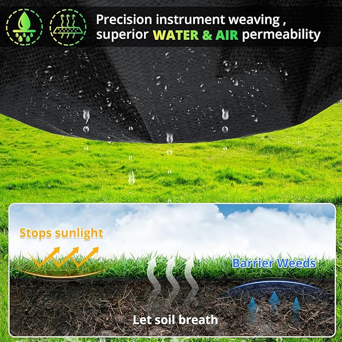 4ft×300ft Garden Weed Barrier Fabric, 3.2oz Premium Weed Blocker with 60 U-Shaped Securing Pegs, Weed Preventer for Gravel, Driveway, Gardening, Farming, Underlayment, Landscape