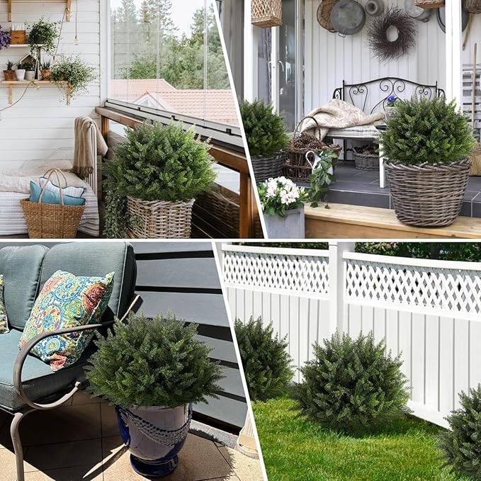 23.6Inch Artificial Cedar Topiary, 2 Pack UV Resistant Faux Evergreen Shrubs with Ground Spikes, Indoor Outdoor Potted Plants for Porch, Garden, Front Door Decor
