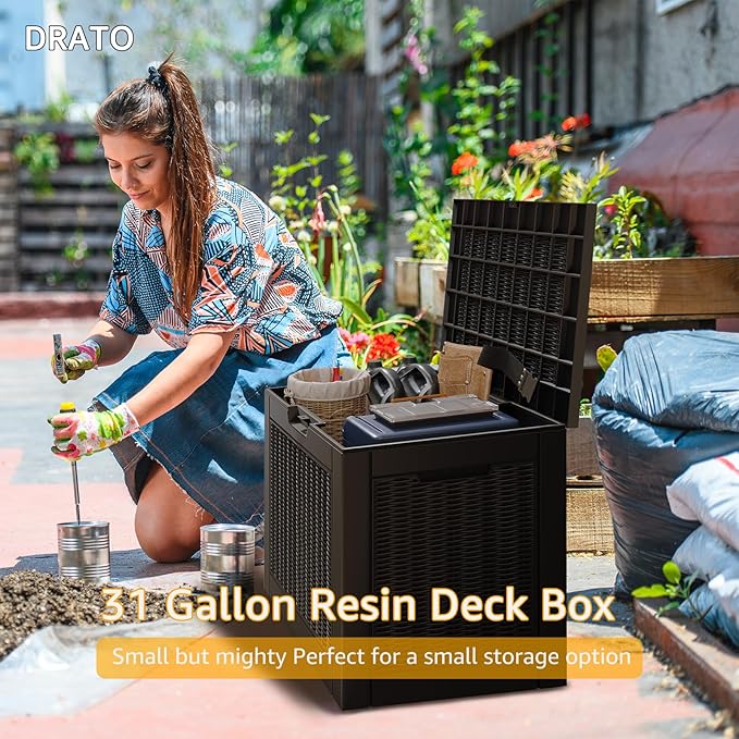 DRATO 31 Gallon Deck Box, Outdoor Storage Box for Patio Cushion, Sports Equipment, Garden Tools, Waterproof Resin Storage Box (Black)