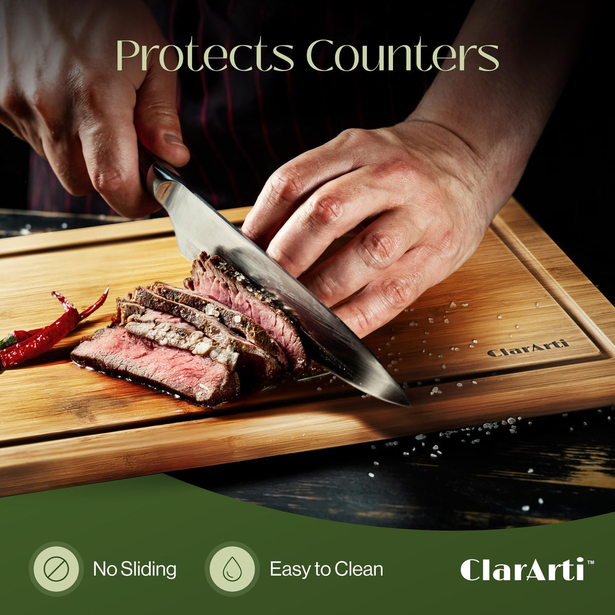 ClarArti - Bamboo Cutting Boards for Kitchen – Set of 3 Non-Slip Wood Cutting Boards with Juice Groove – Thick Organic Bamboo Chopping Board Set for Meat, Vegetables & Meal Prep