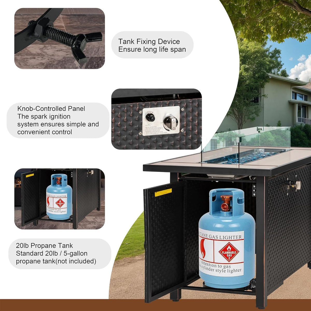 45 inch Outdoor Propane Fire Pit 50,000 BTU Gas Fire Pit Table with Lid, Glass Wind Guard, Waterproof Cover, Rectangle Gas Firepit Table for Garden/Patio, CSA Certification