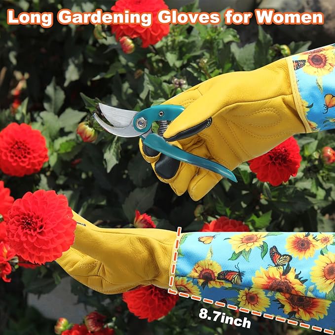 DLY Gardening Gloves for Women, Rose Gloves Gardening Thorn Proof, Long Garden Gloves for Women, Breathable Cowhide Leather Gauntlet (Medium, Blue)