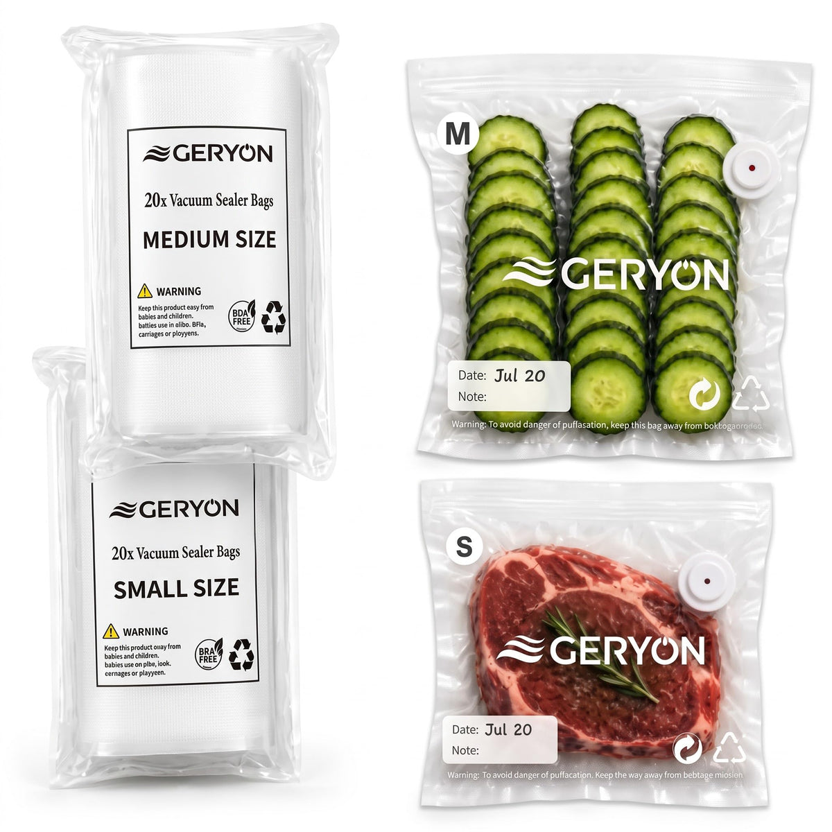 GERYON Vacuum Sealer Bags for Food, 40 Pack Reusable Vacuum Seal Bags with Air Valve, BPA-Free Food Vacuum Seal Bags Compatible with Handheld Vacuum Sealer for Sous Vide, Meal Prep and Freezer Storage