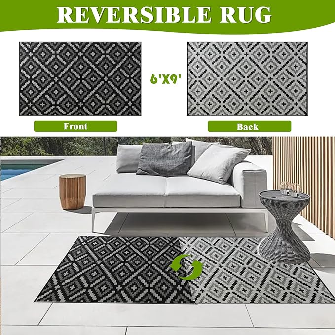 Outdoor Rug 6x9 ft Waterproof, Reversible Outdoor Plastic Straw Rug for Patios Clearance, Outdoor Area Rug Carpet RV Mat for Camping Backyard Deck Porch