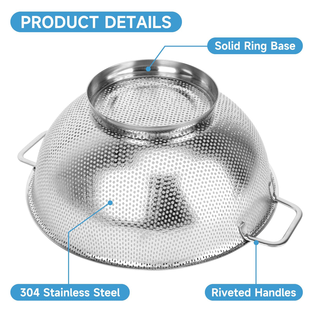 3PCS Colander for Kitchen, 3QT & 4QT & 5QT, Stainless Steel Colander Strainer with Handle for Fruits Vegetables Cooking Food, Dishwasher Safe