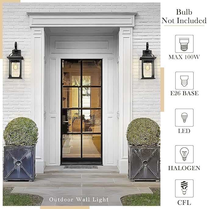 zeyu 22 Inch Outdoor Wall Light Sconce, Large Exterior Wall Light Fixture for House Porch, Die-Cast Aluminum with Seeded Glass, Black Finish, ZD100B-M BK