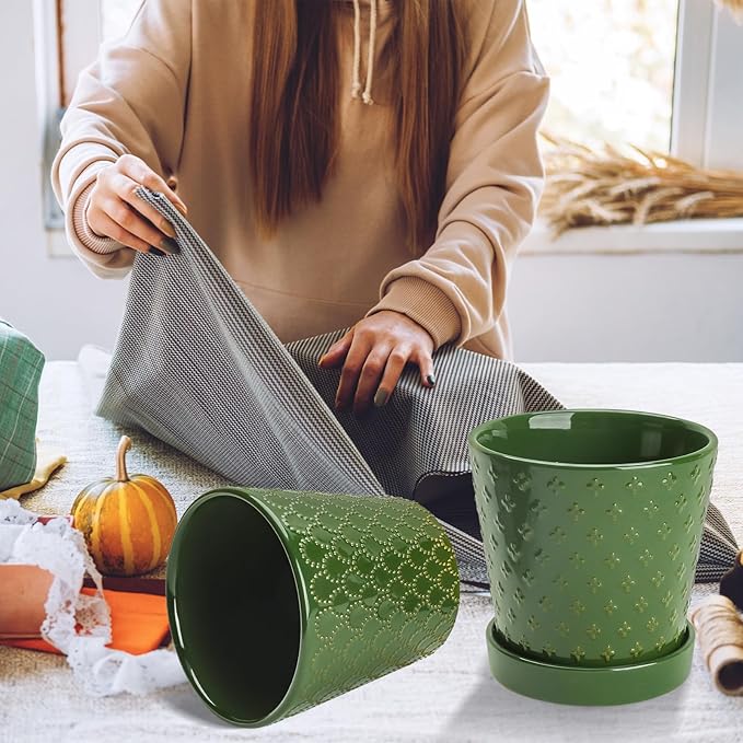 EFISPSS Ceramic Plant Pots, 5 Inch Planters with Drainage Holes and Ceramic Tray, Relief Design Flower Planter, Desktop Office Windowsill Decoration Gift Set of 4 - Blackish Green